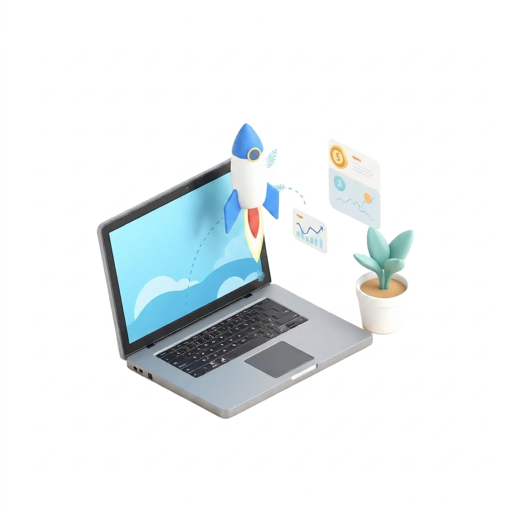 A laptop with a blue rocket launching from its screen, surrounded by floating charts